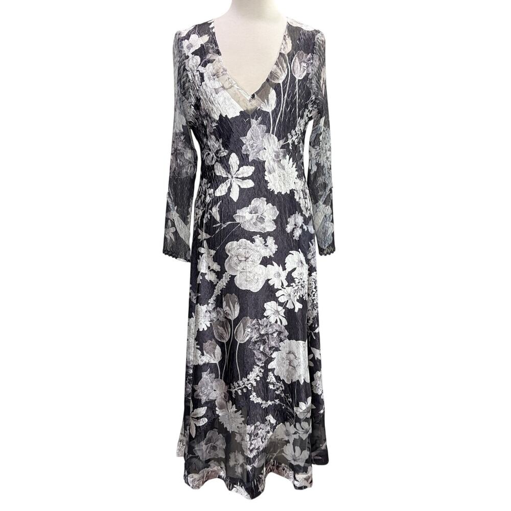 Komarov‎ Size XL Midi Dress Floral Dress Lace Sleeve Black White Wedding Guest